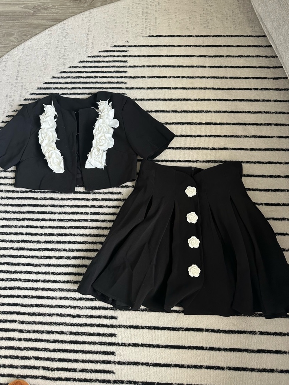 Black Pleated Skirt with White Rose Buttons - Women's Skirt